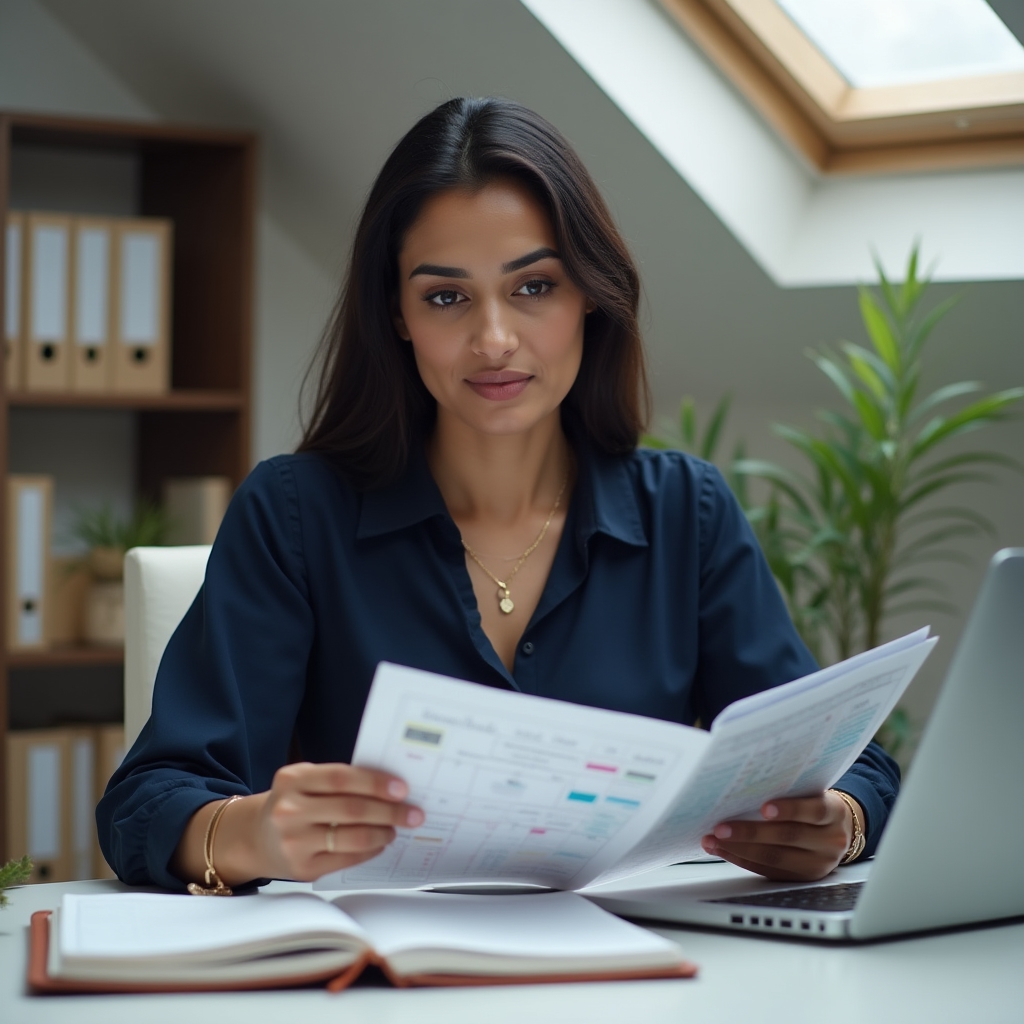 Executive assistant at an organized desk reviewing calendar and documents