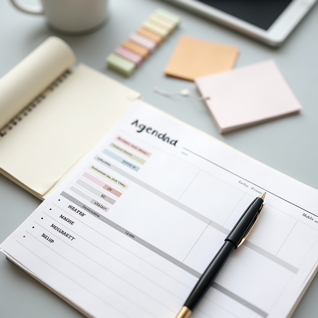 Close-up of organized meeting prep packet materials with color-coded tabs and printed agenda