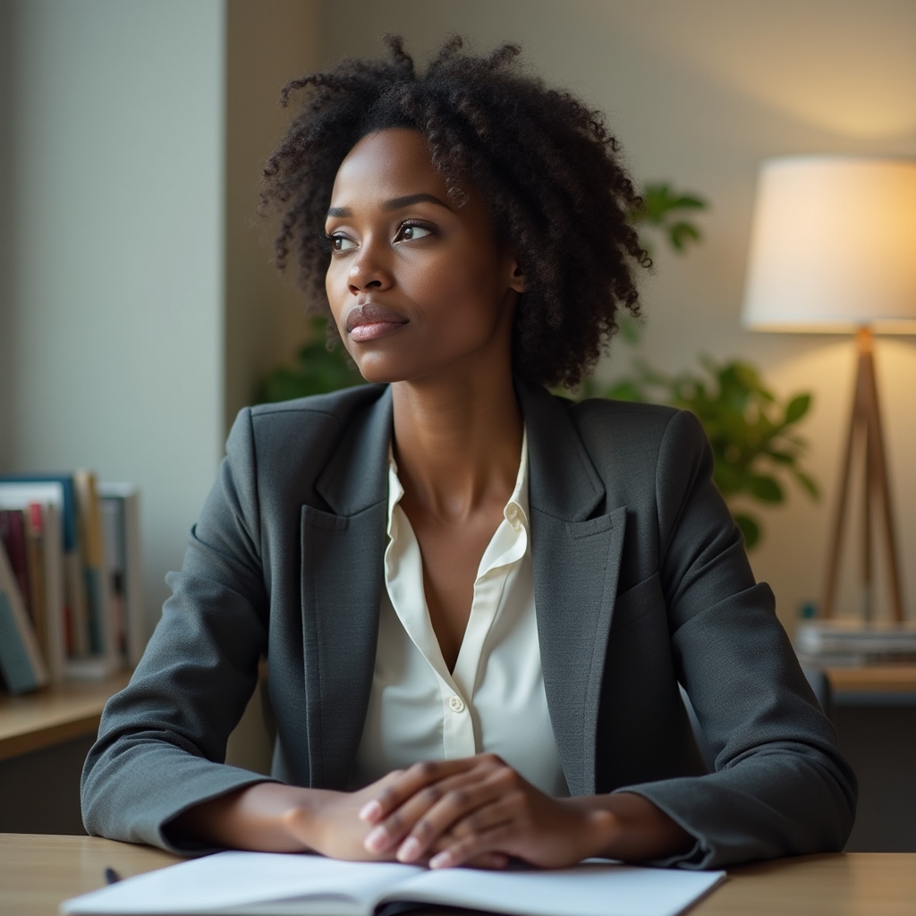 Professional woman in her 30s at a clean office desk, thoughtful expression, natural window light