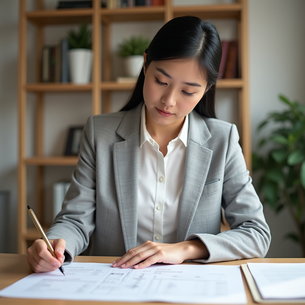 Office manager reviewing program planning materials at a modern workspace
