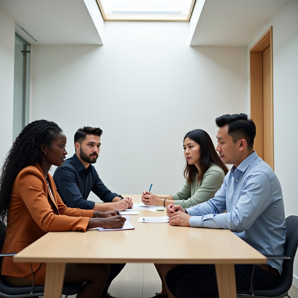 Small group of professionals in a workshop training session around a conference table